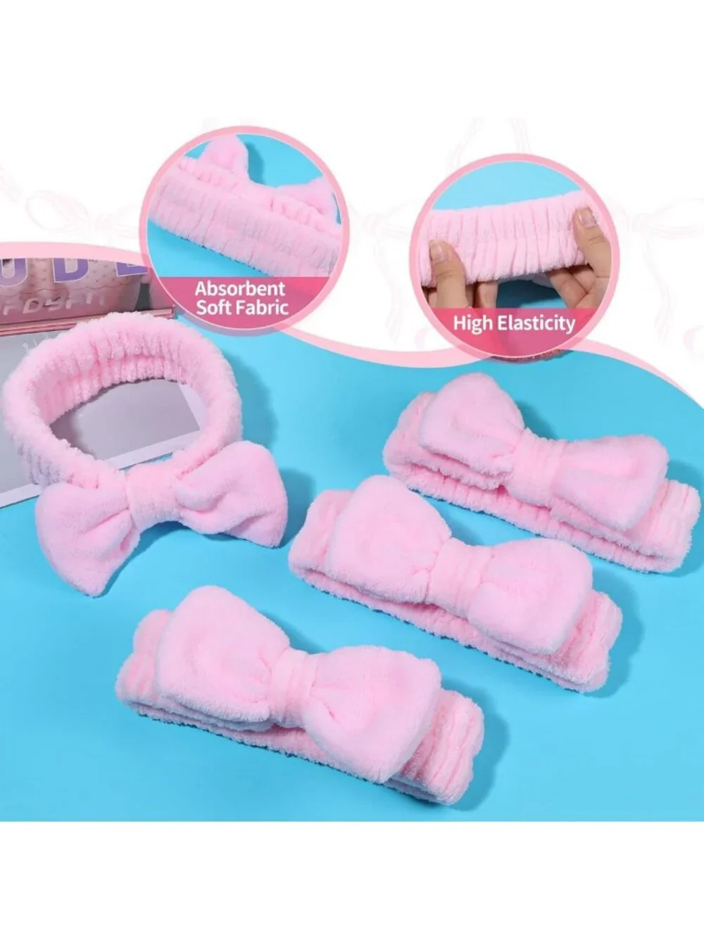 20 PCS Pink Spa Headbands for Women, Elastic Bowknot Hair Bands for Skincare